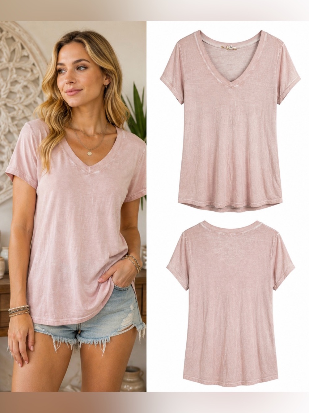 POL Clothing Dusty Pink V Neck Tunic Tee M Rayon Stretch Soft Basic Top
